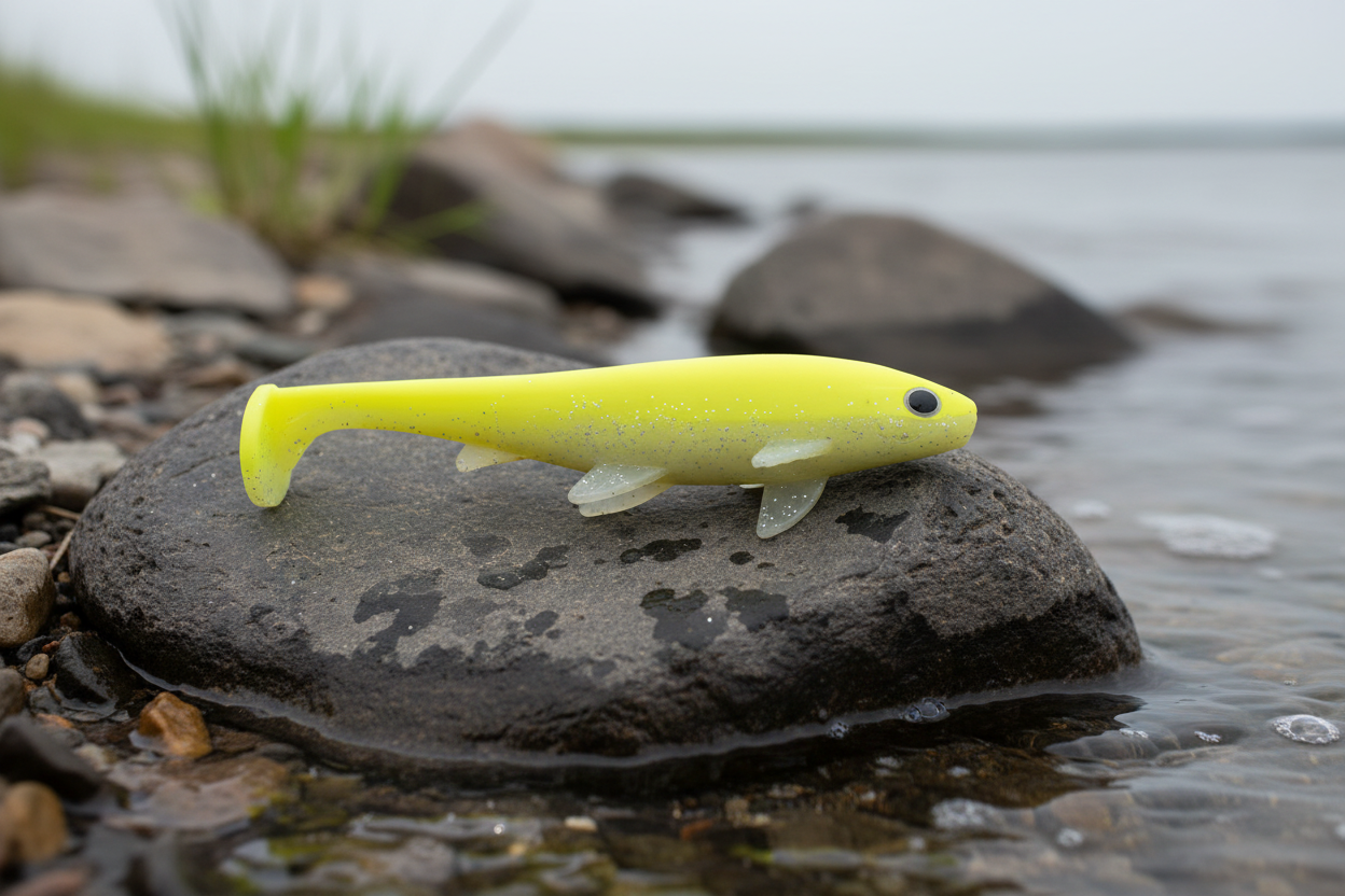 yellow lure on big rock on edge of the shore line