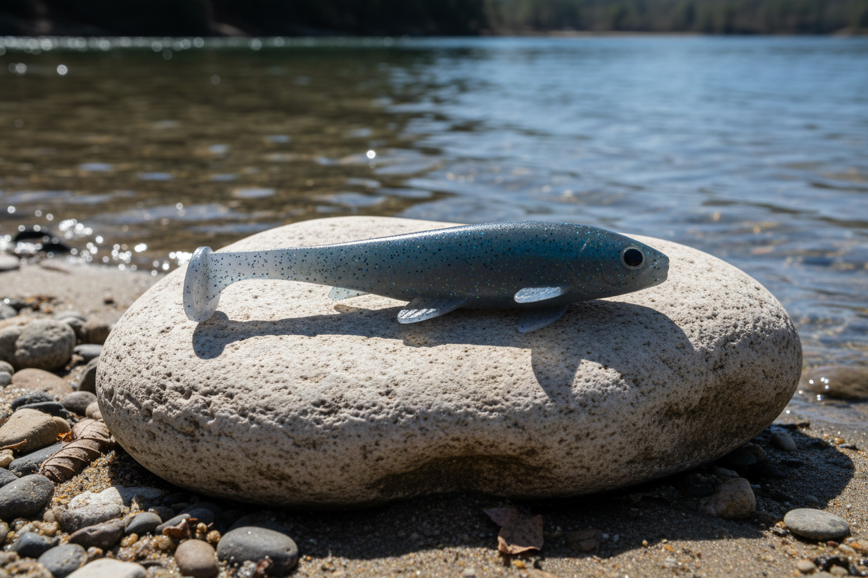 "A large, light-grey river rock on a sunny shoreline with bright, direct afternoon sunlight. Intense natural lighting with sharp, realistic shadows. Clear water ripples in the background with a slight sun glint on the surface."