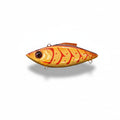 Orange and yellow fishing lure with multiple hooks on a white background give off shadows