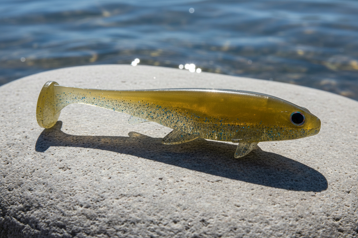 "A smooth, flat river rock sitting right at the water's edge under intense, high-noon sunlight. The sun should create a sharp, bright glint on the bait's surface and cast a dark, realistic shadow onto the light-grey stone. In the background, show a slight glimpse of clear, sparkling blue water."