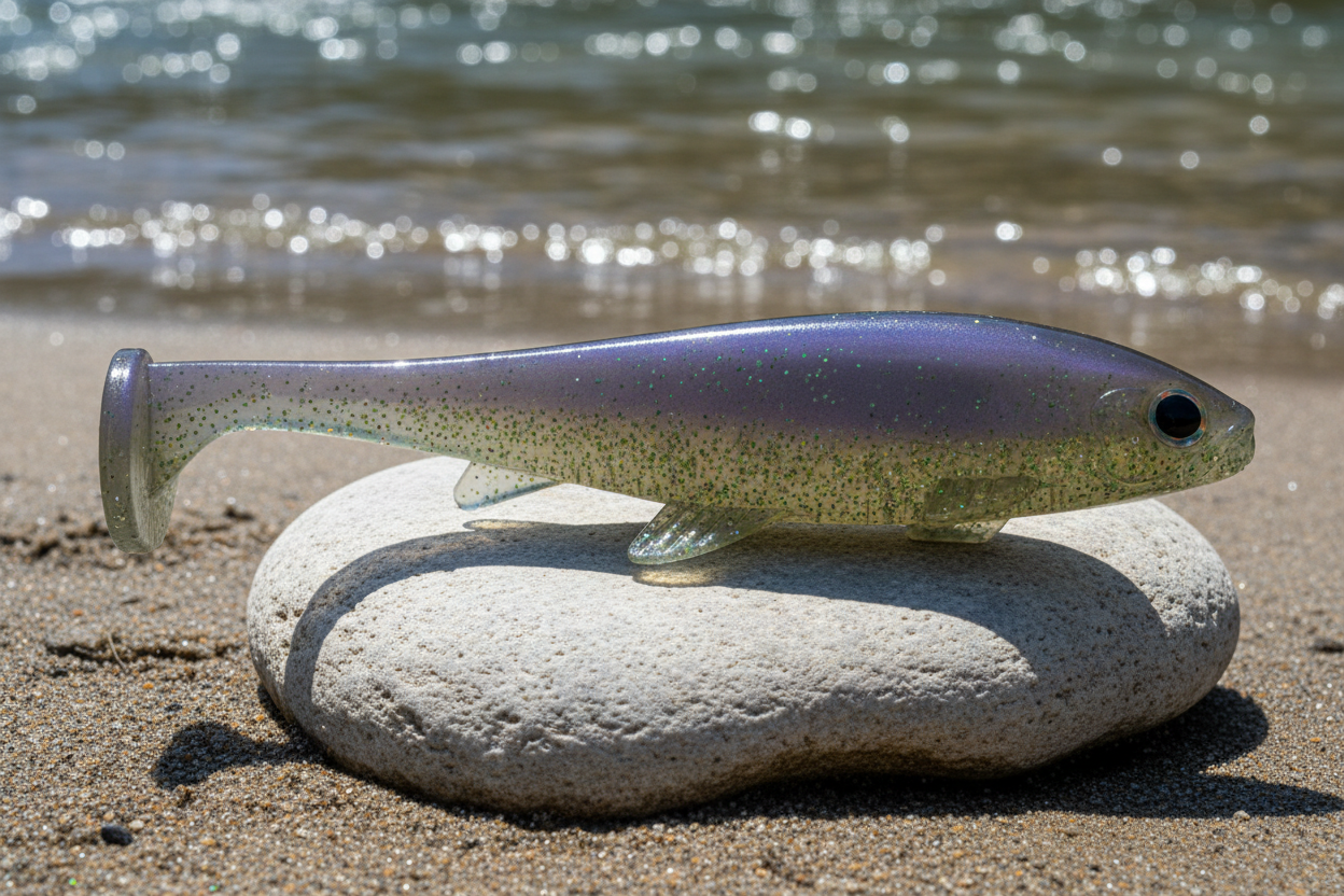 "A light-grey river rock sitting on a sunny bank. The lighting should be bright, high-contrast sunlight coming from the side to catch the purple and green iridescent finish on the lure. Sharp, realistic shadows on the stone and a glimpse of sparkling clear water in the background."