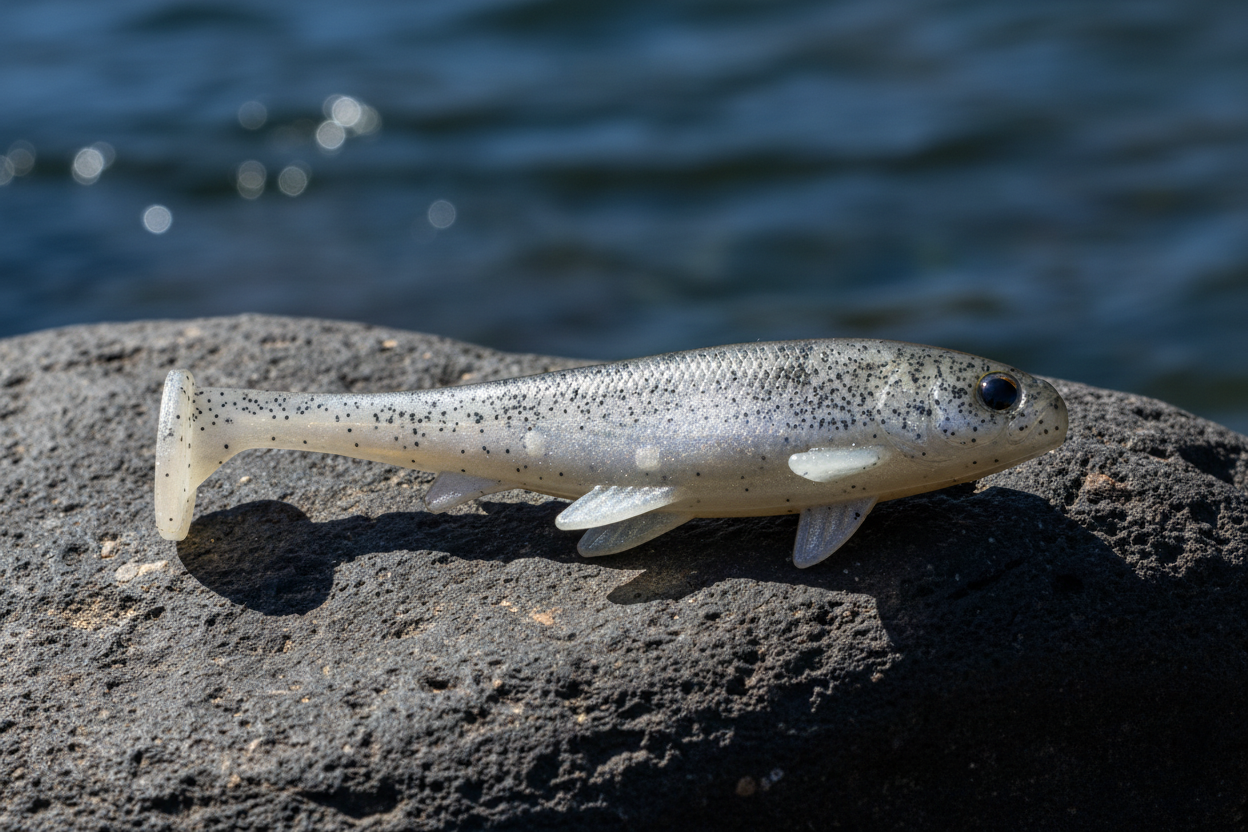 "A dark, charcoal-colored river rock with a rough texture, sitting under intense, direct sunlight. The bright sun should hit the bait from above to highlight the pearlescent white finish and the fine scale details. High-contrast, sharp shadows on the dark stone, with a hint of deep blue water in the background."