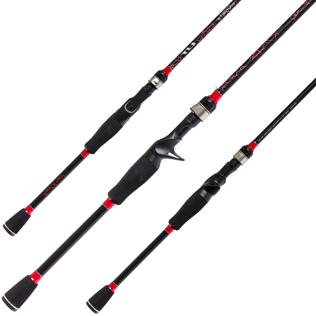 wo fishing rods with black and red handles on a white background, bright light casting shadows