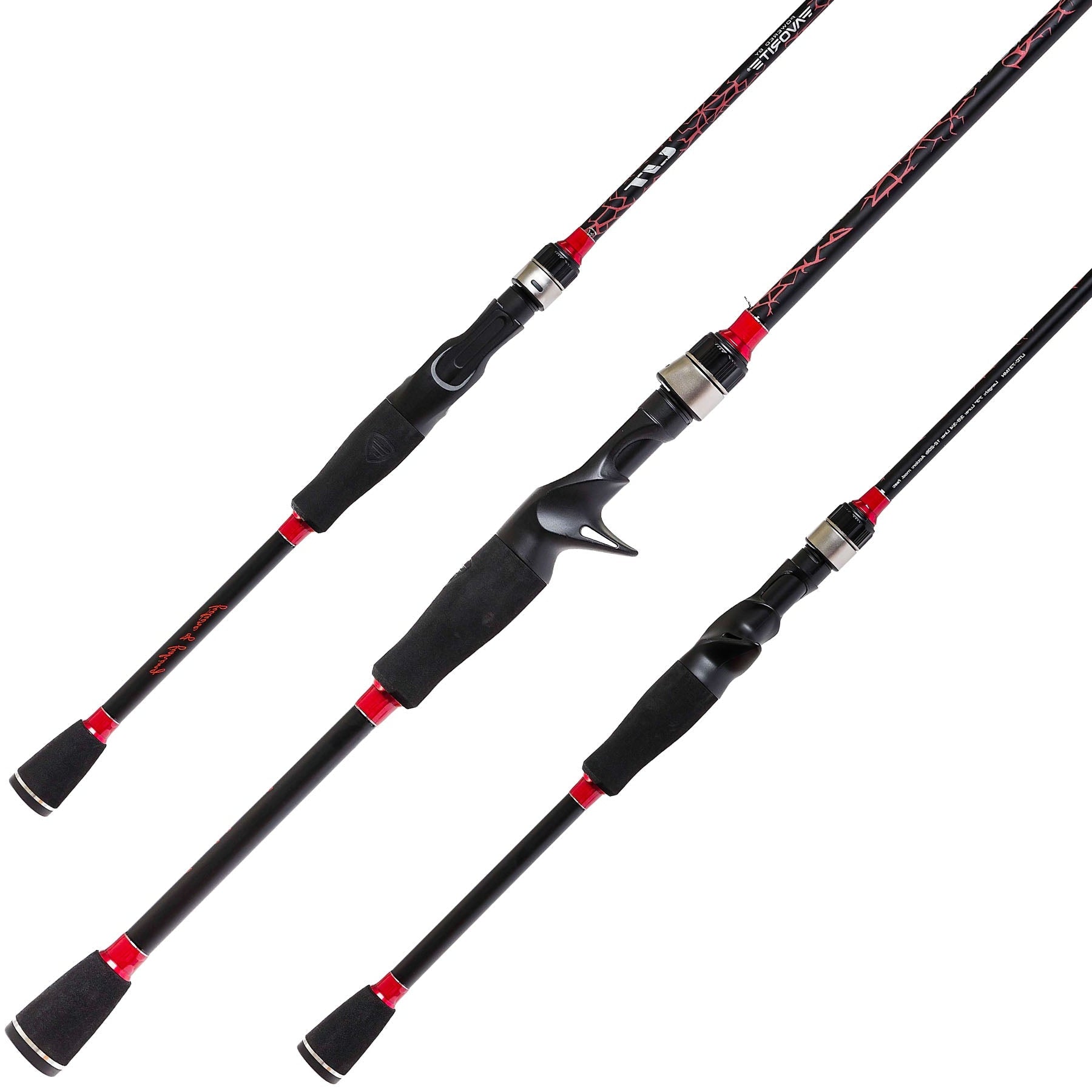 wo fishing rods with black and red handles on a white background, bright light casting shadows