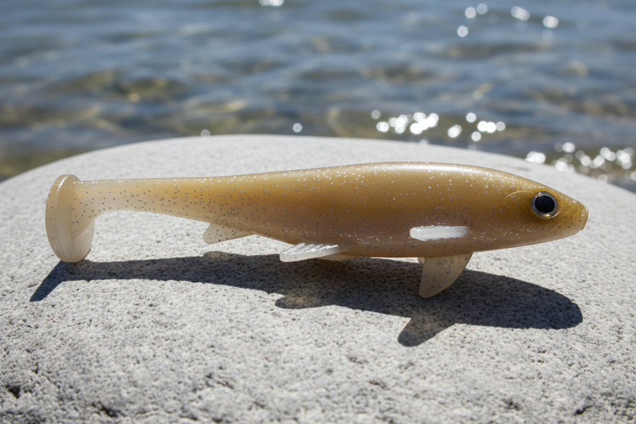 "A light-grey river rock on a bright, sunny shoreline. Direct high-noon sunlight to highlight the gold and white color scheme. Sharp, realistic shadows on the stone and a glimpse of sparkling clear water in the background."