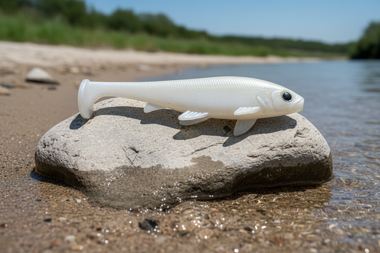 "A rugged, light-grey river rock positioned at a slight angle on a bright, sunny shoreline. Direct high-noon sunlight hitting the bait to show off the contrast between the dark back and light belly. Sharp, realistic shadows on the rock with clear, sparkling river water washing up near the base of the stone."