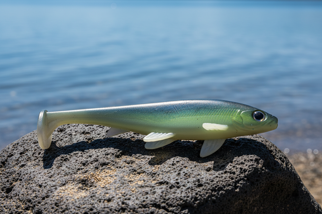 "A rugged, dark-grey volcanic river rock on a sunny lake shore. Intense, high-noon sunlight coming from directly above to highlight the natural green and yellow tones of the bait's top and the soft chartreuse belly. Sharp, high-contrast shadows on the stone and a distant view of calm, clear blue water."