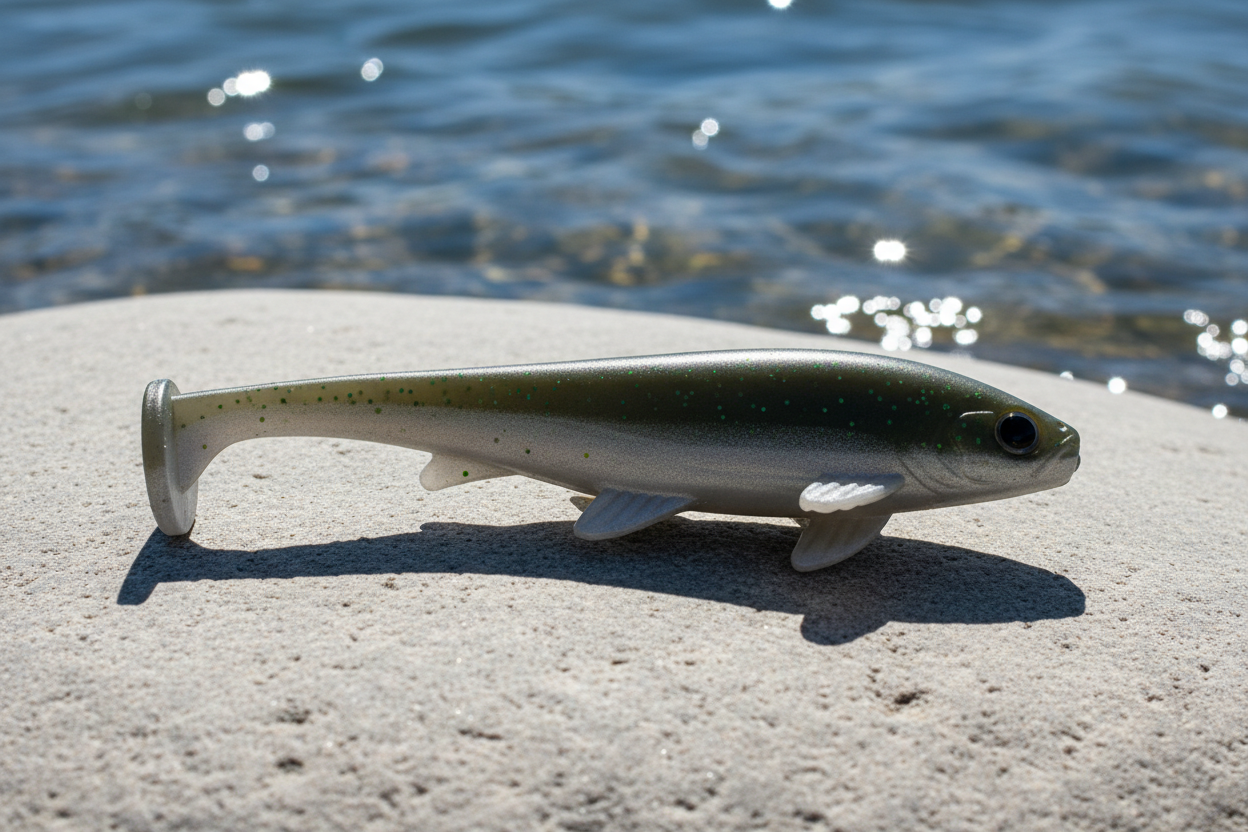 A very smooth, flat river rock sitting right at the water's edge under intense, high-noon sunlight. The sun should create a sharp, brilliant glint on the bait's metallic silver and black surface and cast a dark, realistic shadow onto the light-grey stone. In the immediate background, show clear, sparkling blue water washing right up to the base of the rock."