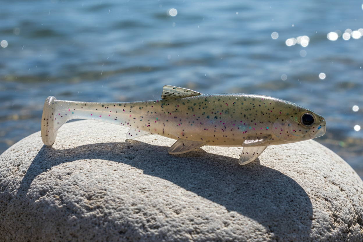 "A smooth, light-grey river rock sitting on a bright, sunny shoreline. Direct high-noon sunlight coming from above to illuminate the translucent body and highlight the trout spot patterns. Sharp, realistic shadows on the stone and a glimpse of clear, sparkling blue water in the background."