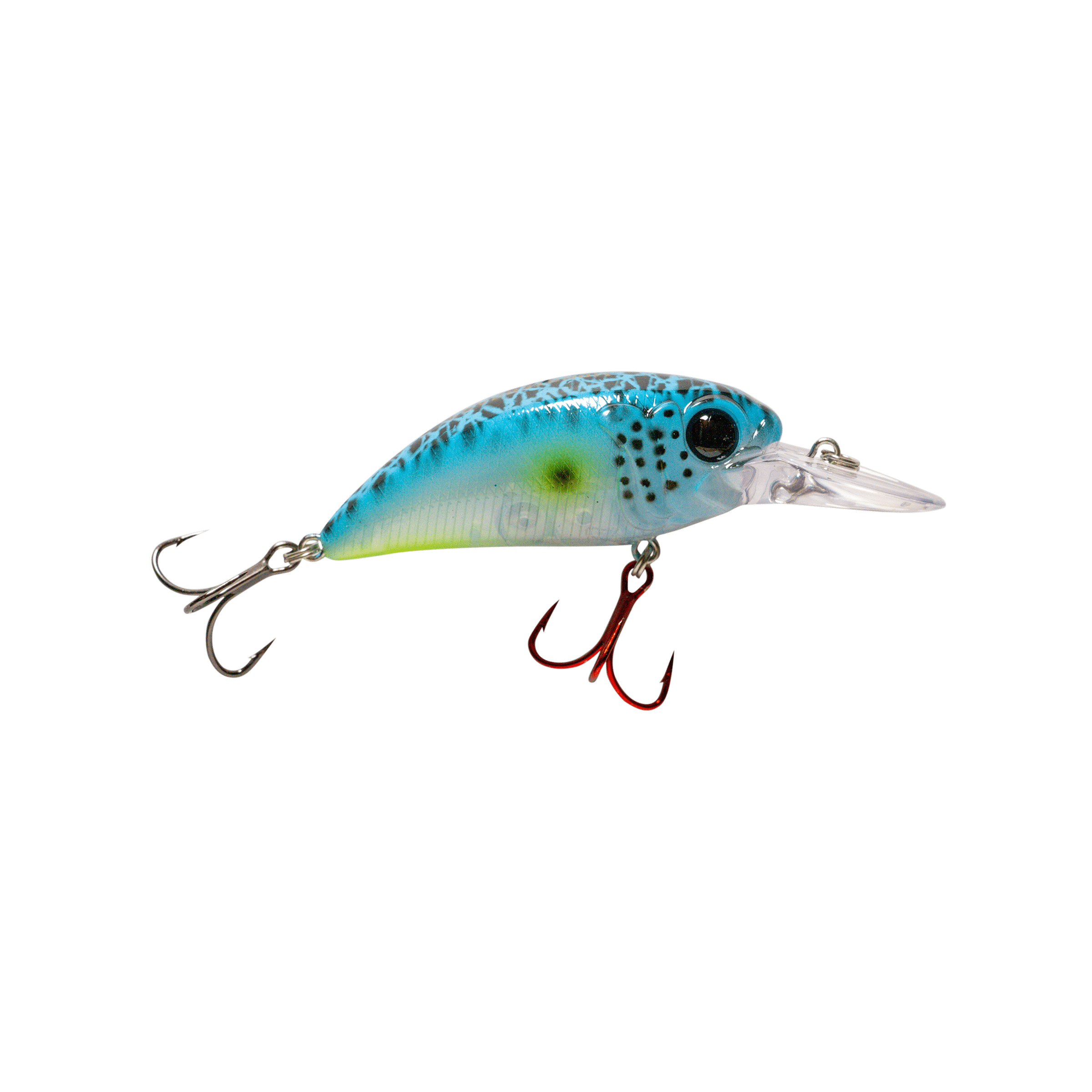 Fishing lure with blue and green pattern on a transparent background