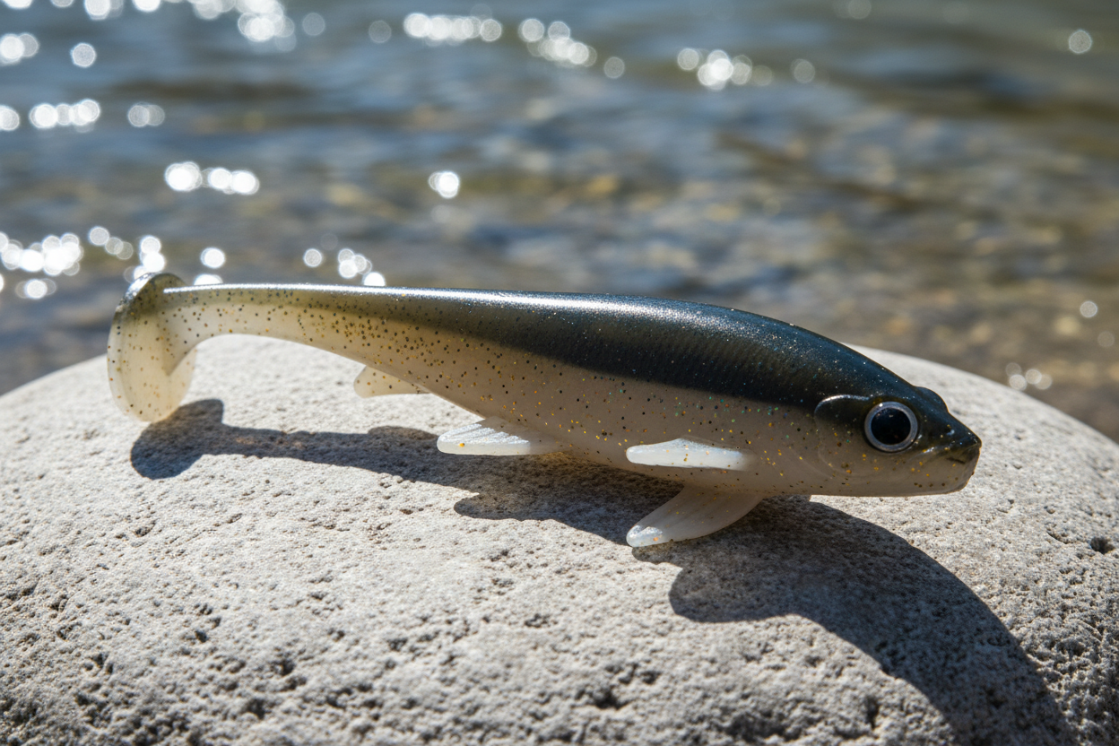 "A smooth, light-grey river rock on a sunny shoreline. Bright, direct afternoon sunlight hitting the blue back of the bait to make the color and flake pop. Sharp, realistic shadows on the stone with clear, sparkling water in the background."